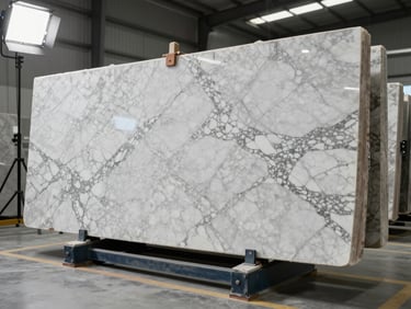Wide shot of a slab processing facility, bright studio strobes illuminating a polished Calacatta marble slab cross-section on a cutting table, vein pattern fully visible