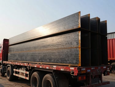 Flatbed truck loading heavy steel beams at dawn in an industrial yard, low angle, gritty industrial photography, harsh direct sunlight, high-contrast black and red tones, deep shadows, 35mm lens