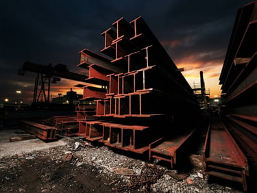 Wide-angle low shot of heavy-gauge structural steel beams stacked in an industrial yard at pre-dawn, harsh direct sunlight creating deep shadows, high-contrast black and red tones, 35mm lens.