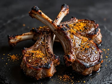 Macro shot of prime roasted lamb chops crusted with cardamom, clay oven charred edges, dark moody food photography, 35mm
