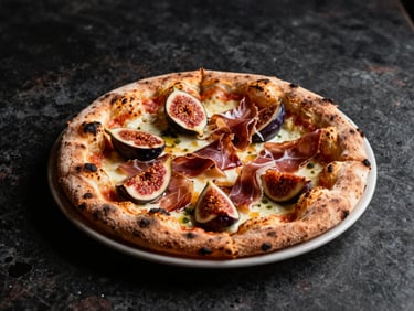 Wood-fired pizza with blistered crust, fresh figs, and prosciutto, dramatic low lighting, dark rustic setting