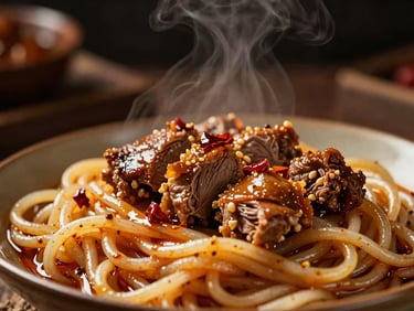 Macro shot of hand-pulled noodles with braised duck and rich Sichuan chili oil, steam rising, warm amber lighting, 35mm
