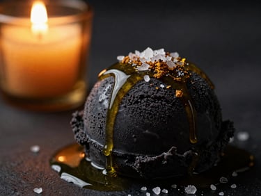 Macro shot of dark burnt honey gelato with smoked sea salt and olive oil drizzle, amber candlelight, 35mm