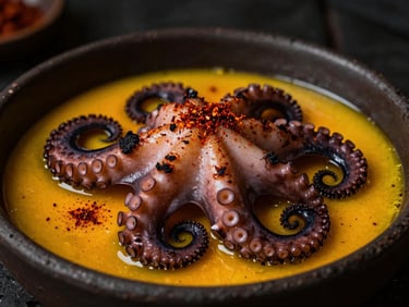 Macro shot of charred clay-oven octopus over saffron emulsion, smoked Spanish paprika, dramatic low-key side lighting, 35mm