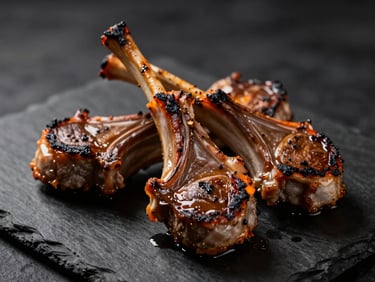 Macro shot of charred clay-oven lamb chops, dramatic amber side lighting, dark slate plate, shallow depth of field