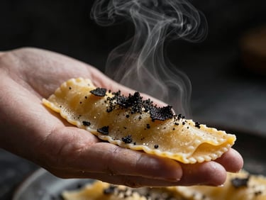 Close-up of hand-rolled pasta with black truffle shavings, low-key lighting, steam rising, dark background
