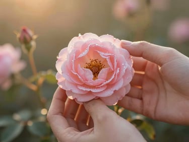 Hands gently picking a fresh pink Rosa Damascena flower covered in morning dew, soft golden hour lighting, shallow depth of field, 35mm