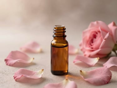 A tiny dark amber apothecary bottle containing rose oil, surrounded by soft pink petals, warm morning mist lighting, shallow depth of field