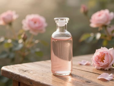 A clear glass bottle filled with organic rose water, placed on a rustic wooden table in a sun-drenched garden, soft dusty rose tones, warm editorial photography