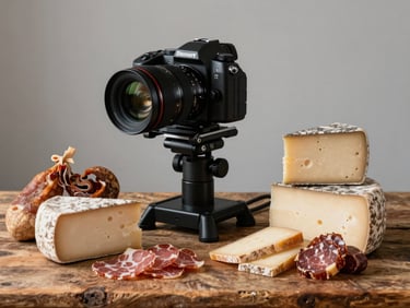 A camera rig positioned over a rustic wooden table displaying artisanal cheeses and cured meats, soft side lighting.