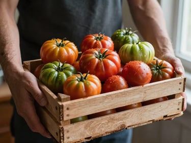 Hands holding a wooden crate overflowing with heirloom tomatoes of various colors, dirt visible on fingers, soft window light.
