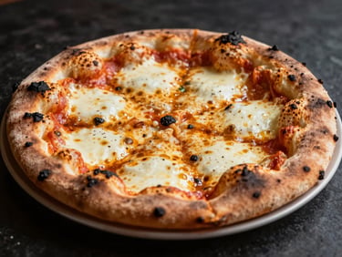Macro shot of a wood-fired pizza with bubbling mozzarella and charred crust, low-key directional natural lighting, dark background.