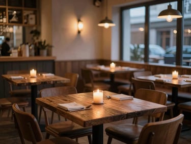 Cozy Scandinavian-style restaurant interior at dusk, warm candle light on rustic wooden tables, soft shadows, inviting dining room atmosphere.