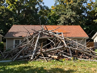 Wide shot of the same residential roof, now completely clear of branches, bright morning sunlight flooding the clean yard, zero damage