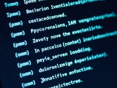 Macro photograph of a dark terminal screen displaying automated IAM policy evaluation outputs, glowing cyan highlights, sharp focus, 35mm