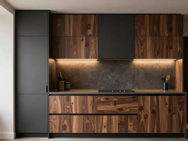 Straight-on architectural shot of a modern modular kitchen, dark charcoal cabinets paired with rich walnut wood panels, soft side-lighting