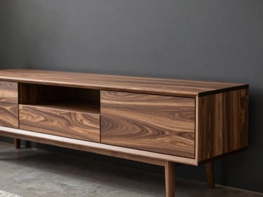 Sleek low-profile TV unit mounted on a charcoal accent wall, clean lines, warm walnut wood-grain matching