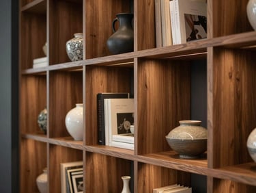 Bespoke modular shelving unit displaying books and ceramics, warm side-lighting, perfect wood-grain alignment