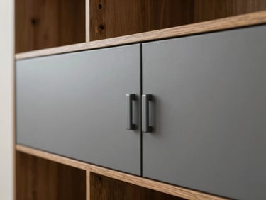 Built-in modular storage wall with flush handle-less doors, matte grey finish, clean architectural lines