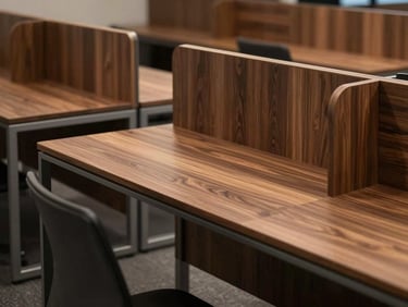 Modern collaborative office desk system, minimalist steel frames and walnut wood tops, soft directional light