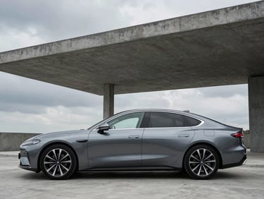 Wide-angle sleek metallic gray executive sedan parked in front of a minimalist concrete pavilion, dramatic overcast daylight, sharp focus, 50mm