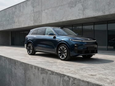 Sleek dark blue luxury SUV positioned on a clean concrete ramp, cool metallic tones, dramatic overcast daylight, sharp focus, 50mm