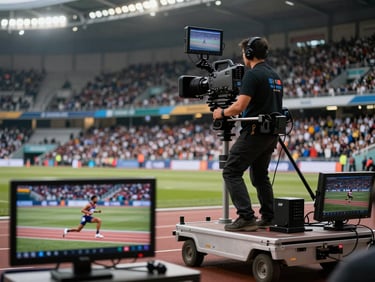 Wide environmental shot of a live sports broadcast setup — camera operator on a trackside dolly rig, stadium crowd blurred behind, broadcast monitors in the foreground showing a close-up of an athlete mid-competition, production lighting visible overhead