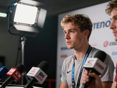 Athlete mid-competition in a media mixed zone — press credentials visible on lanyards in the foreground, broadcast lighting rig illuminating the athlete from above left, sponsor backboard partially visible behind, shot framed tight on the athlete's focused expression