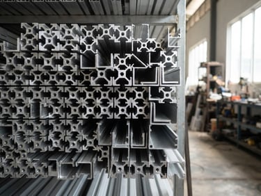 Straight-on eye-level shot of stacked silver aluminum extrusions in a bright Tangerang workshop, natural daylight, sharp focus on clean metallic cuts