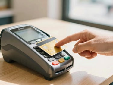 Close-up of a hand tapping a credit card on a sleek modern payment terminal in a bright, sunlit local bakery, warm editorial tones