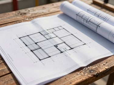 A close-up high-contrast shot of a structural blueprint lying on a wooden table at a Chennai construction site, natural daylight, sharp focus on architectural grid lines.