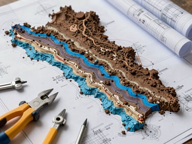 Detailed geological survey map of Chennai suburban areas, soil strata layers highlighted in blueprints, engineering tools resting on technical drawings, daylight.