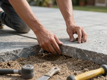 Finished backyard terrace in afternoon daylight — hands placing a flat paving stone into a sand bed, tools visible in the lower frame, raw material texture sharp in focus, no faces