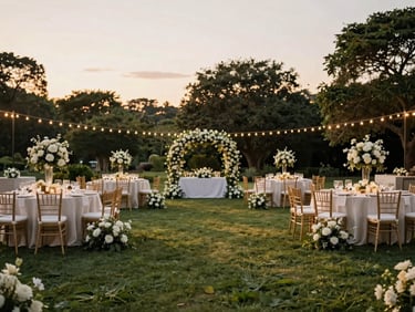 Wide-angle view of a luxurious outdoor wedding reception at golden hour, with elegant white floral arrangements and soft string lights across manicured lawns.