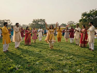 Candid shot of a joyous Haldi ceremony on a lush green lawn, with guests in traditional attire, colorful decor, and natural sunlight.