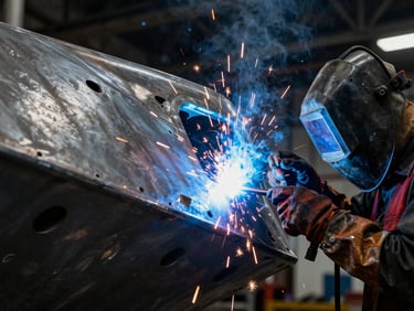 Close-up of professional welder working on a massive ship hull structure, bright blue sparks, dark industrial background, cool metallic steel tones, sharp details, 35mm