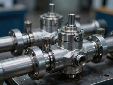 Close-up of high-pressure hydraulic cylinder valves and steel piping, cool metallic tones, technical precision, 35mm