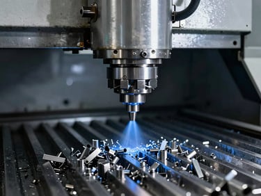 High-precision CNC milling machine in progress with blue coolant spray, sharp metal shavings, high-contrast workshop lighting, 35mm