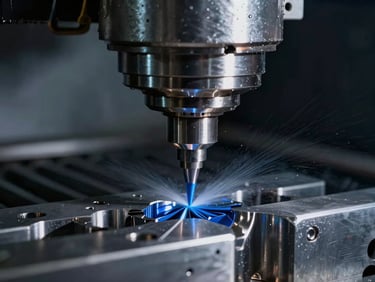 Macro close-up of a 5-axis CNC milling machine cutting a steel component, cool blue coolant spray, dramatic industrial lighting, sharp focus on tool path