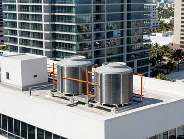 Crisp architectural photography of a modern high-rise HVAC rooftop installation in Miami, bright South Florida daylight, clean metallic tones.