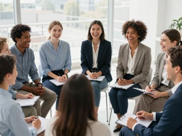 A group of happy employees in a circle during an interactive training session, laughing, bright natural light, energetic feel.