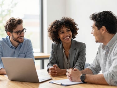 A diverse team of three professionals collaborating around a wooden table in a sunlit office, smiling and sharing ideas, natural warm light.