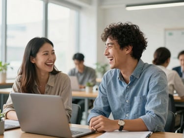 Two colleagues of different ethnicities sharing an authentic laugh in a bright modern workspace, warm daylight, relaxed atmosphere.