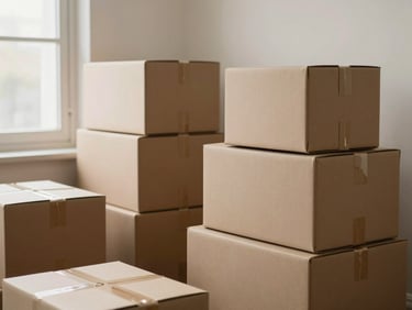 A clean, organized workspace with neatly stacked cardboard boxes, warm neutral tones, soft shadows, peaceful and orderly atmosphere