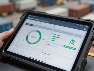 Close-up macro shot of a ruggedized tablet screen displaying real-time logistics software and carbon-accounting compliance charts inside a busy freight terminal.