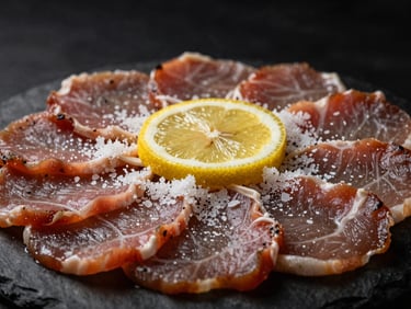 Close-up de carpaccio de vieiras com raspas de limão siciliano, fundo escuro, luz lateral.