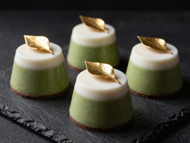 Sobremesa minimalista de matcha e chocolate branco, com folha de ouro, em prato de pedra escura.