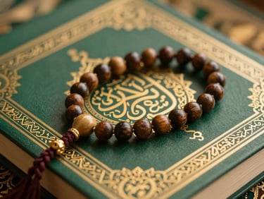 Close-up of prayer beads (Tasbih) resting on an open Quran, bathed in soft golden-hour light, with elegant Arabic calligraphy in the background, deep green and gold tones, shallow depth of field