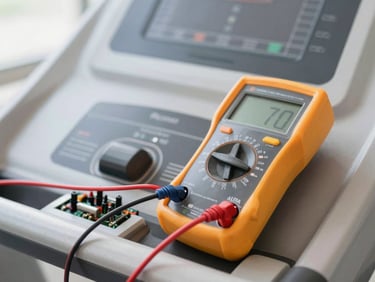 Close-up of a digital multimeter displaying readings, testing a treadmill control board, sharp focus, clear utility lighting, 50mm