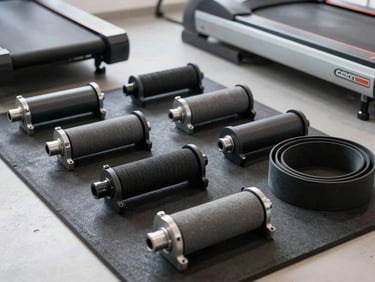 Clean, new treadmill replacement parts (belt, roller) neatly arranged on a gym mat next to tools, crisp utility photography, 50mm
